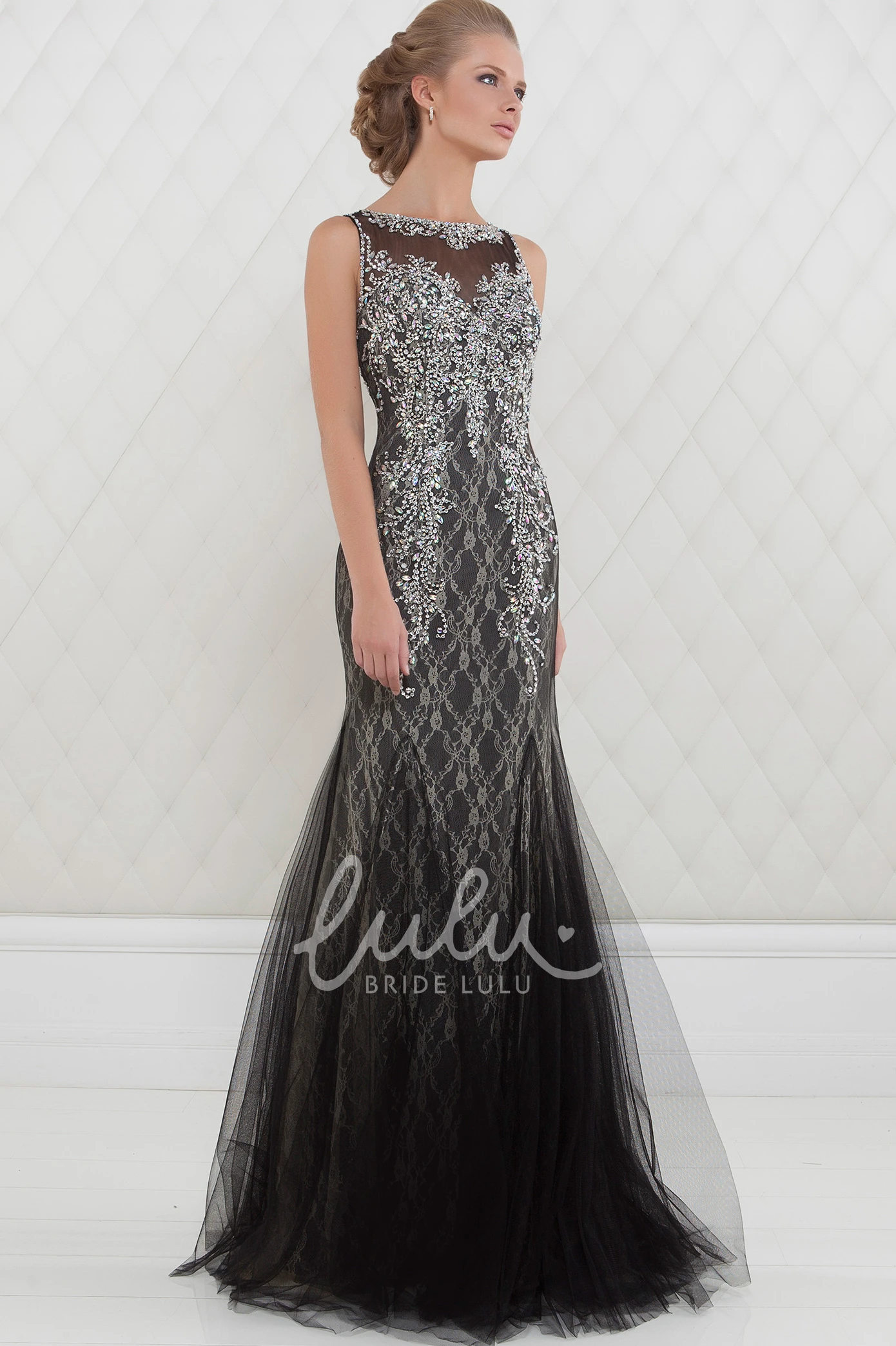 Trumpet Beaded Floor-Length Sleeveless Tulle Prom Dress With Lace Lace Trumpet Tulle Prom Dress