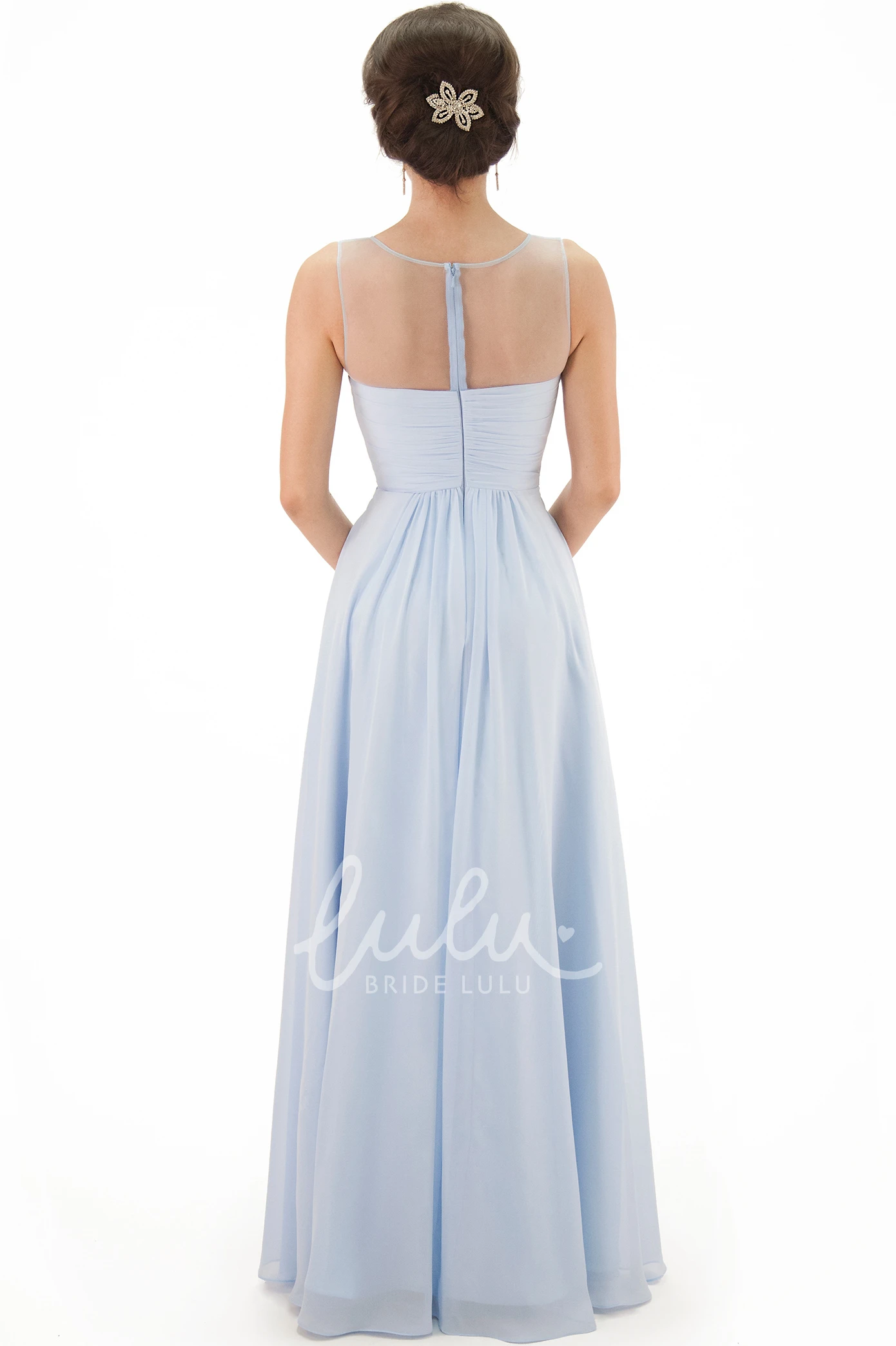 Floor-Length Scoop Ruched Chiffon Bridesmaid Dress with Illusion Modern Bridesmaid Dress