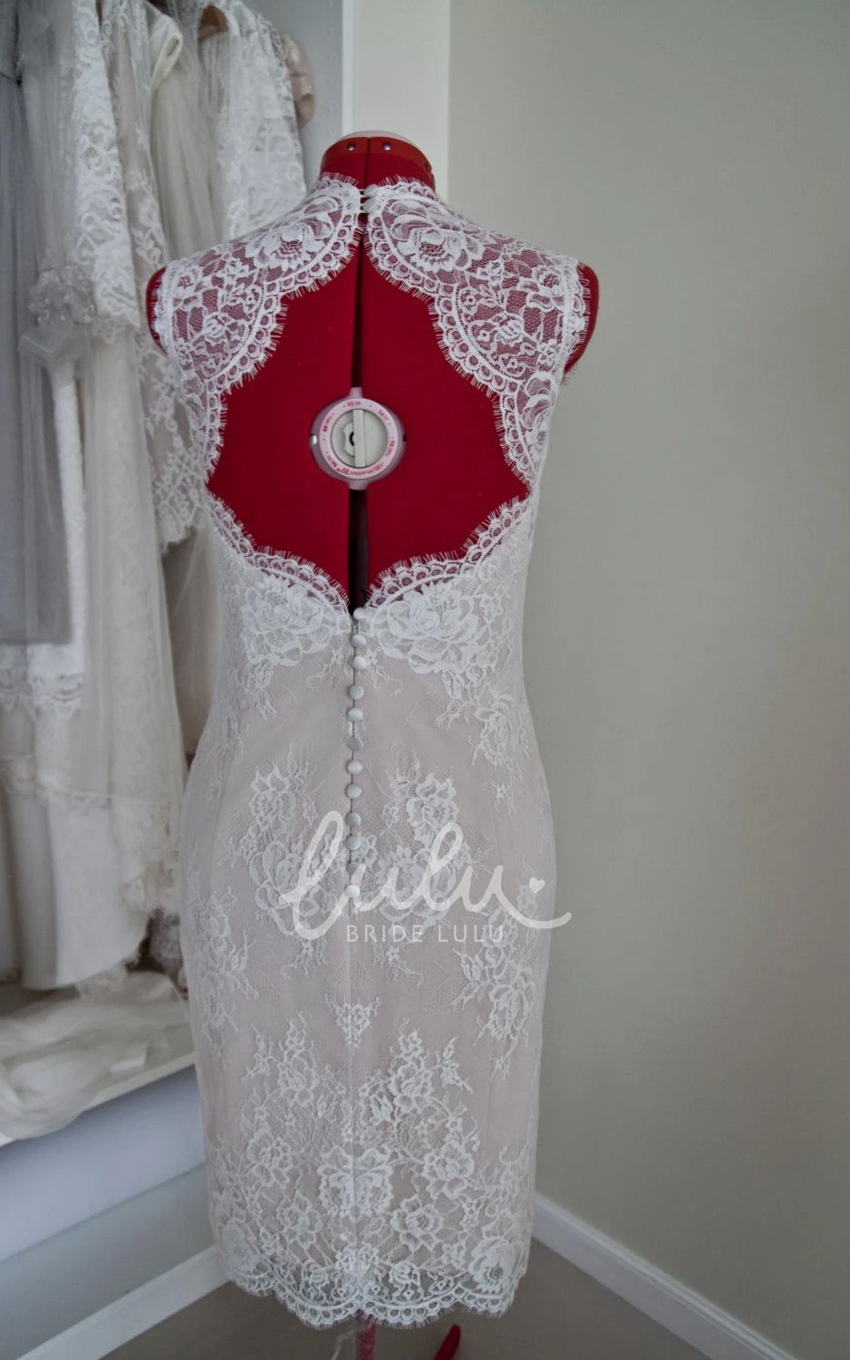 Knee Length Wedding Dress with Queen Anne Neck and Scalloped Back Custom Scalloped Back Wedding Dress