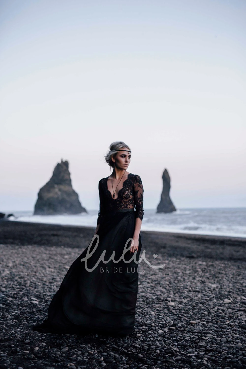 Black Lace Sheath Wedding Dress V-neck Illusion Back 3-4 Sleeve Floor-length