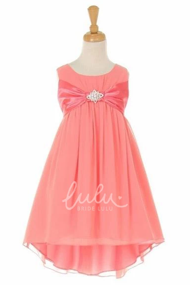 Chiffon and Satin Empire Midi Flower Girl Dress with Broach Flowy Dress for Girls