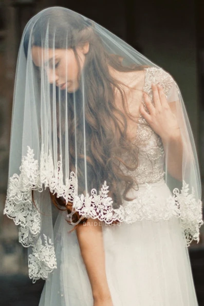 New Western Schiffli Lace Applique Tulle Veil Elegant & Flowy