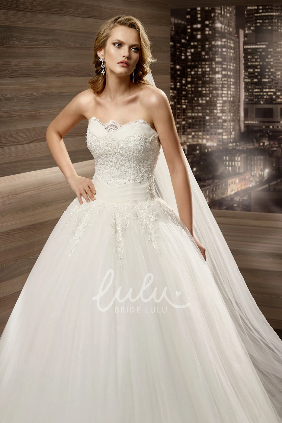 Applique A-Line Bridal Gown with Pleated Waist and Lace-Up Back
