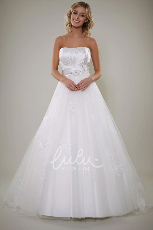 Beaded A-Line Strapless Satin Wedding Dress with Appliques and Lace-Up Back