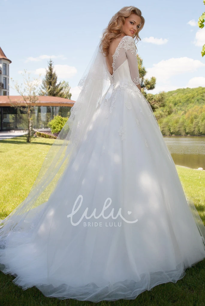 Appliqued Tulle Ball Gown Wedding Dress With Illusion Neckline and Sleeves