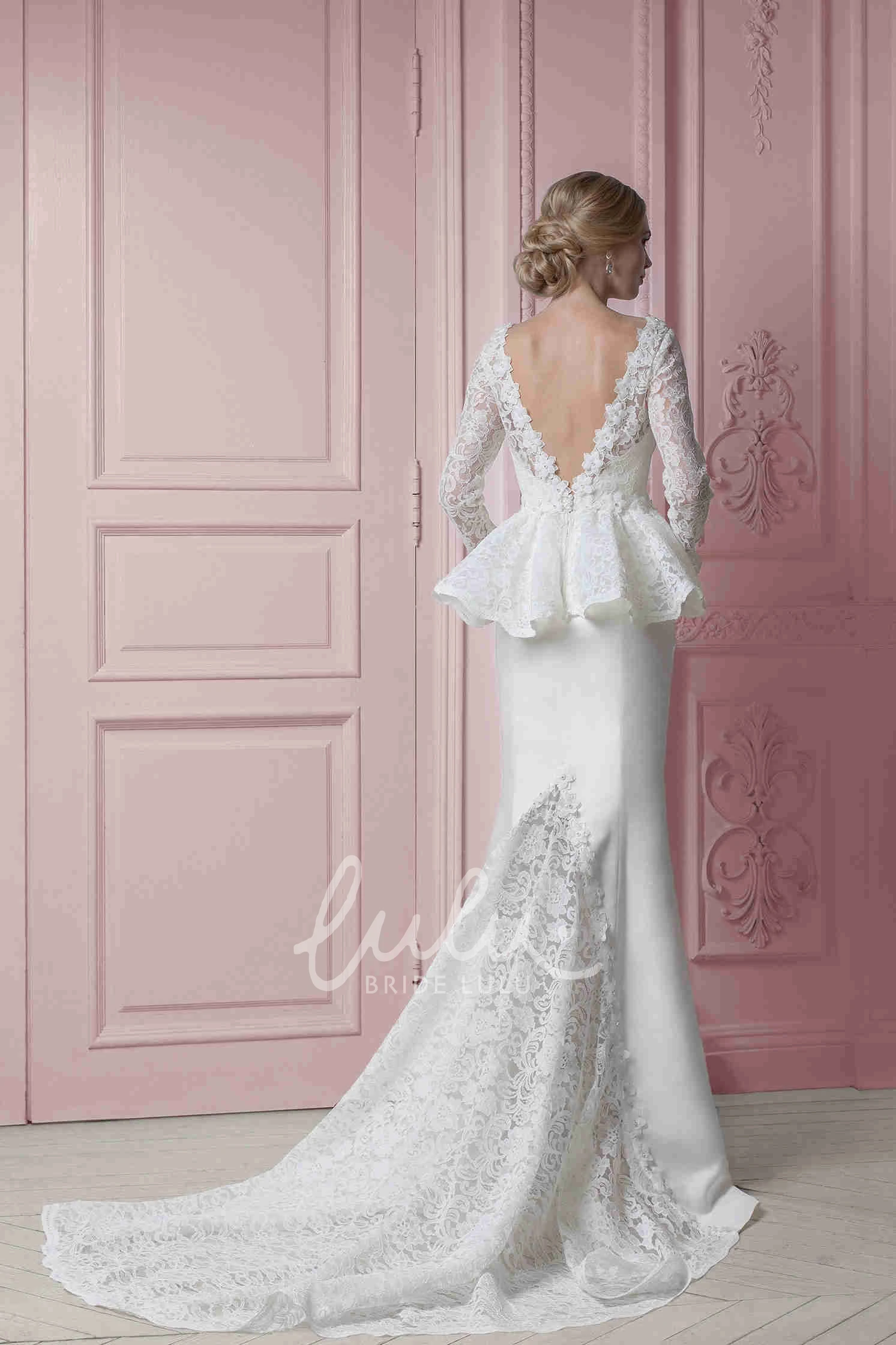 Bateau Satin Wedding Dress with Lace Peplum Long V Back Chapel Train