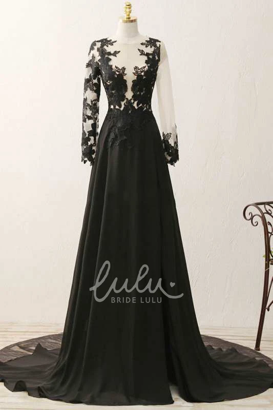 Long Sleeve Illusion Lace A-line Formal Dress with Chiffon Skirt