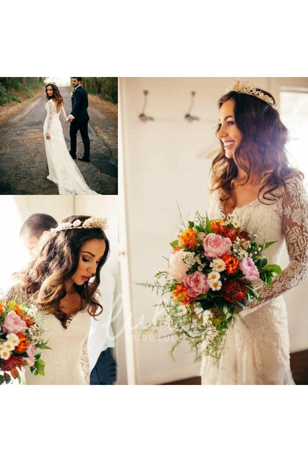 Long Sleeve V-Neck Lace A-Line Wedding Dress with Low-V Back