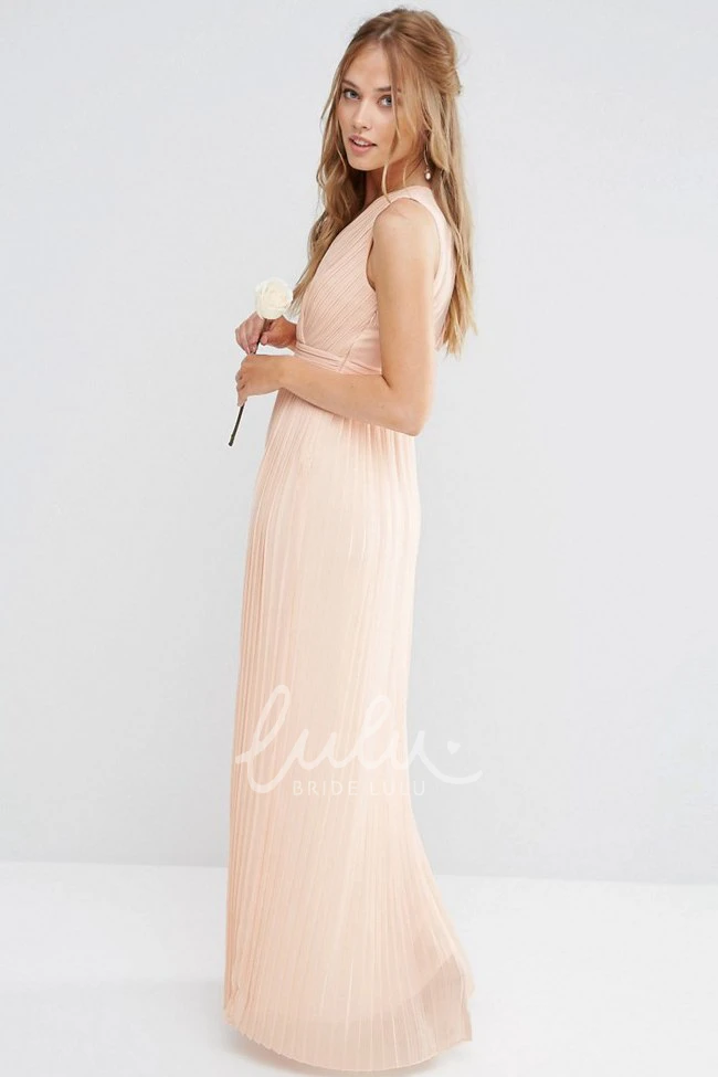 V-Neck Sleeveless Chiffon Bridesmaid Dress with Pleats and V Back Elegant Bridesmaid Dress