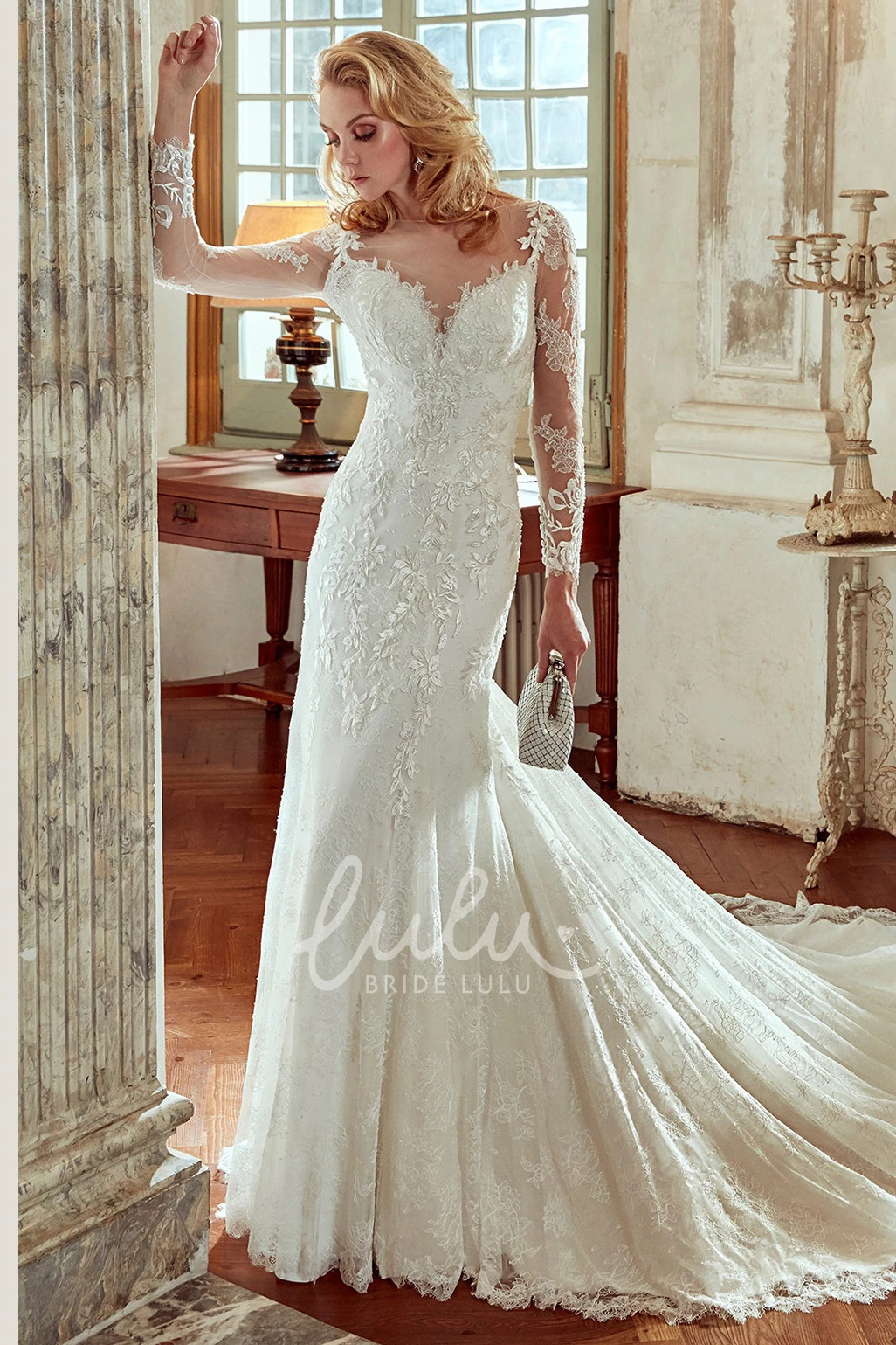 Long-Sleeve Lace Wedding Dress with Sweetheart Neckline and Court Train