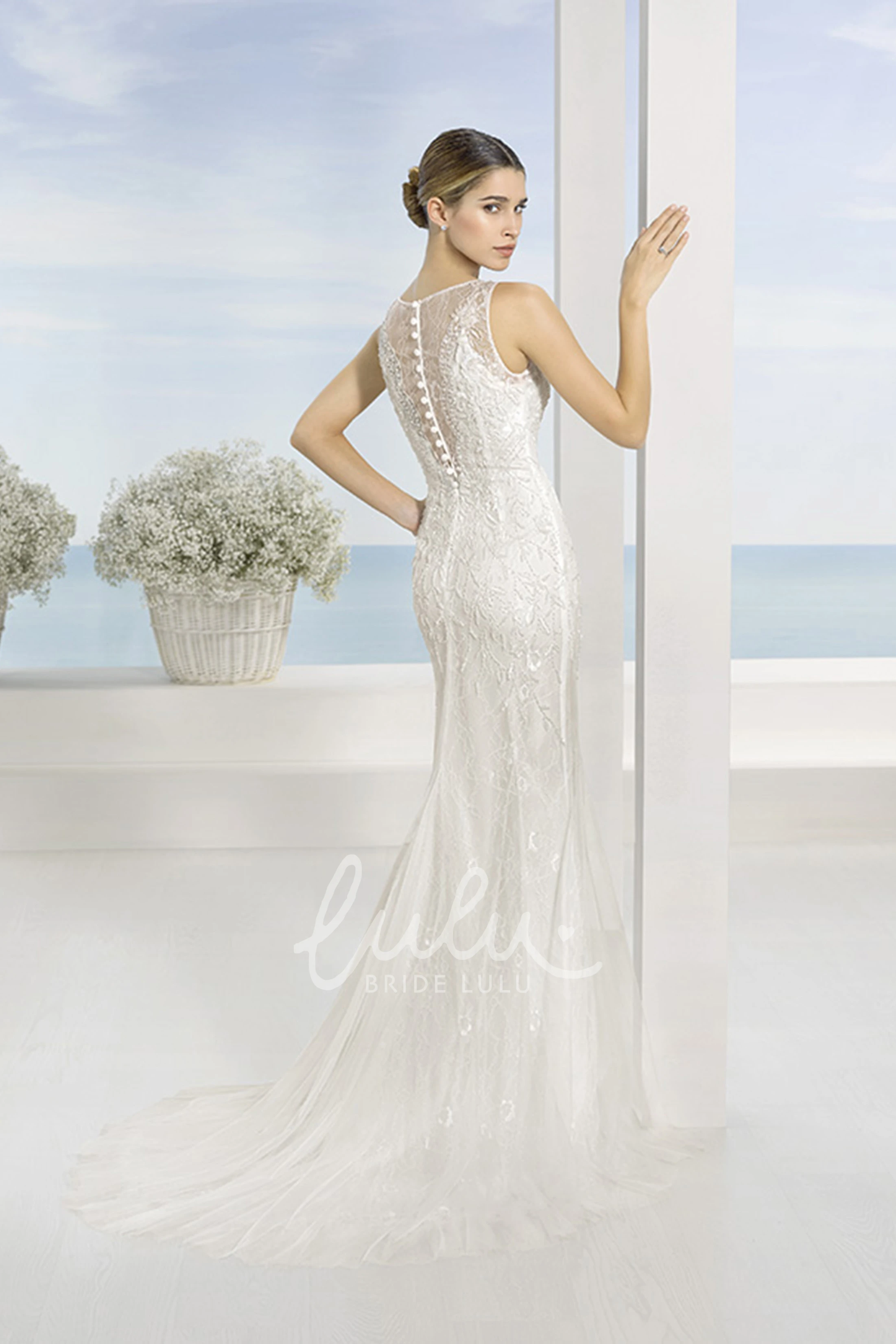 Sleeveless Bateau Lace Wedding Dress with Sweep Train and Illusion Back Simple Bridal Dress