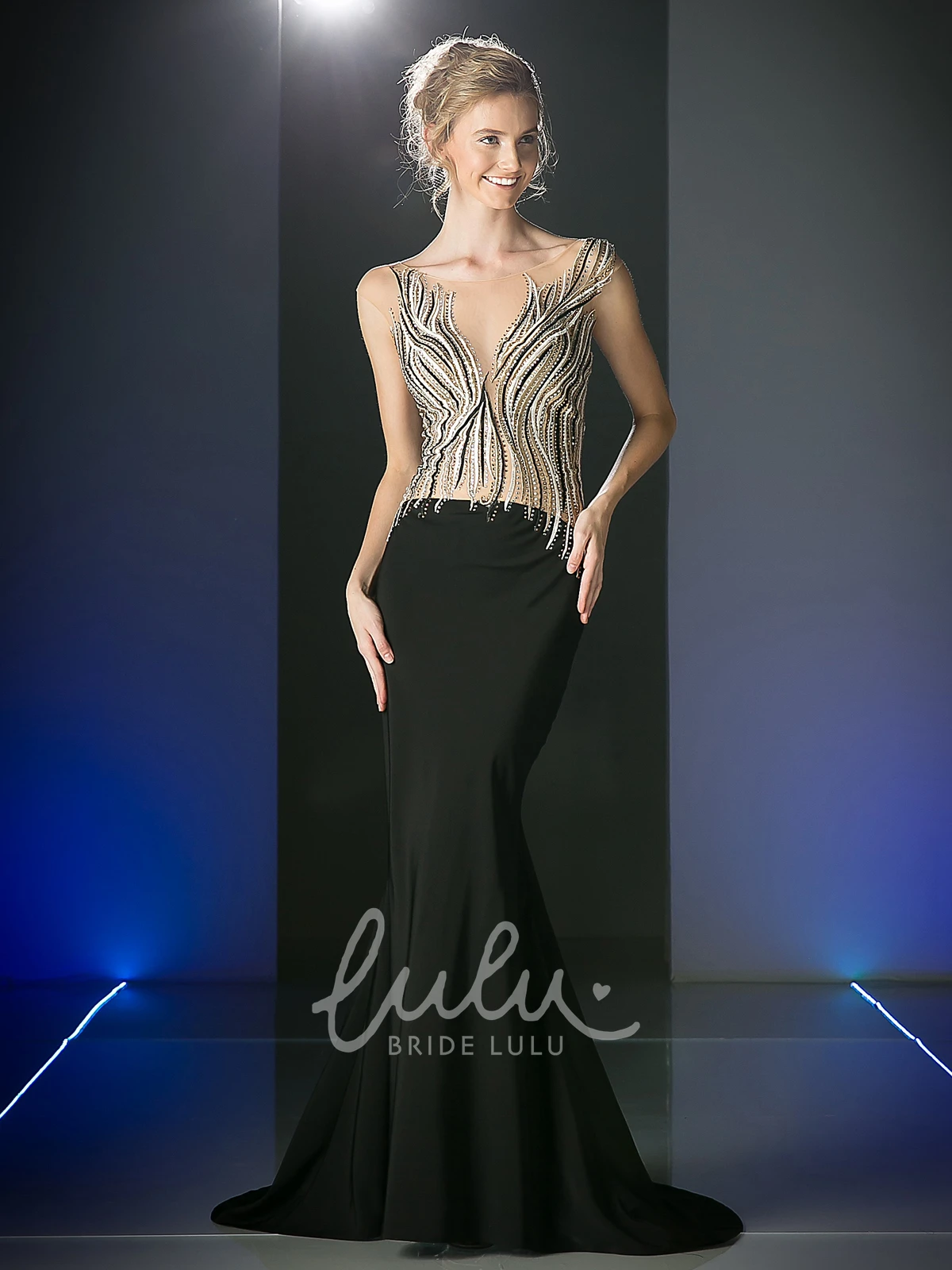 Trumpet Illusion Sleeveless Jersey Prom Dress with Beading