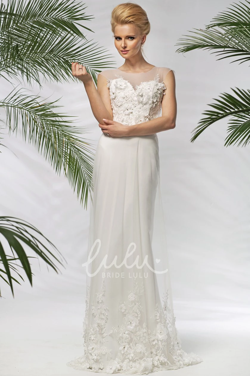Floral Tulle Wedding Dress with Embroidery Sheath Maxi Cap-Sleeve Elegant