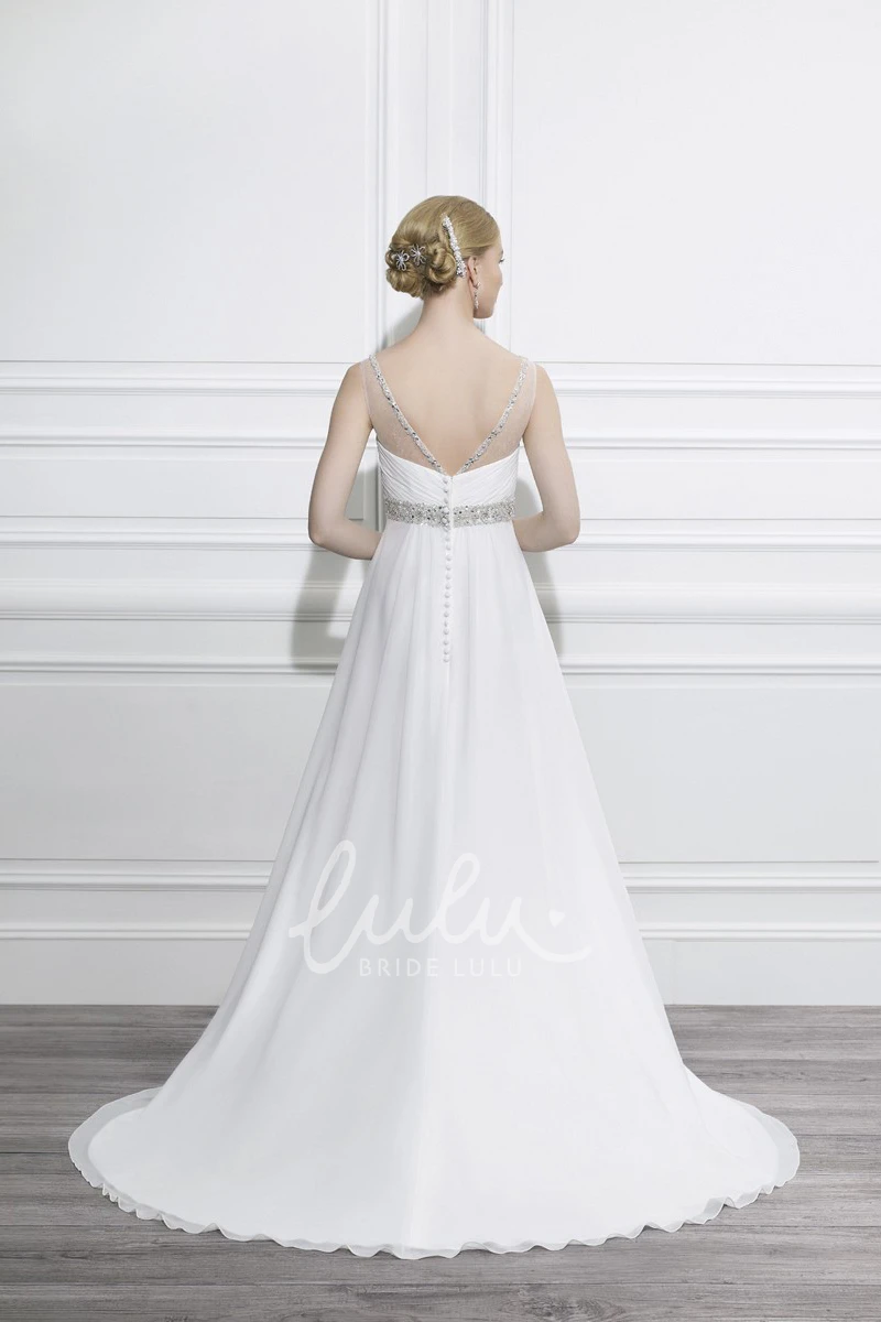 Empire Criss-Cross Chiffon Wedding Dress with Jeweled Bodice Floor-Length Scoop Neckline