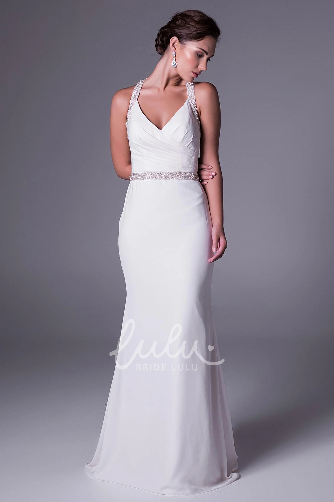 Ruched Haltered Sleeveless Chiffon Wedding Dress with Waist Jewelry Sheath Wedding Dress