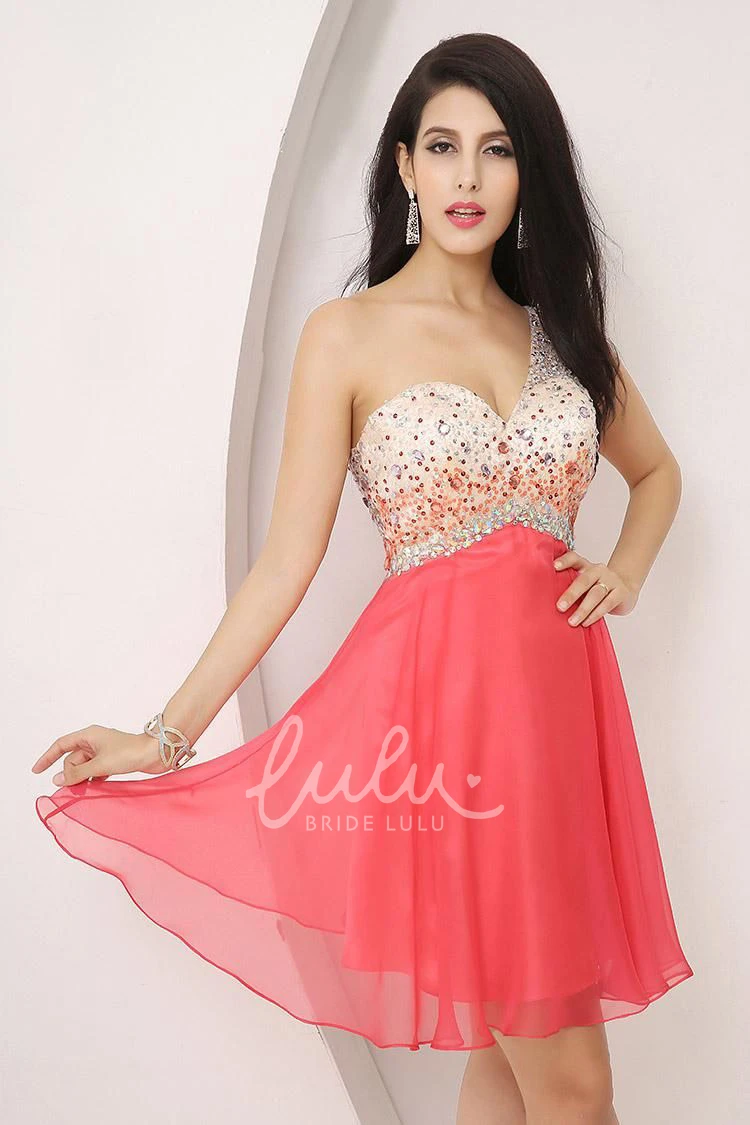 One-shoulder A-line Chiffon Homecoming Dress Sleeveless Mini Beaded Pleated