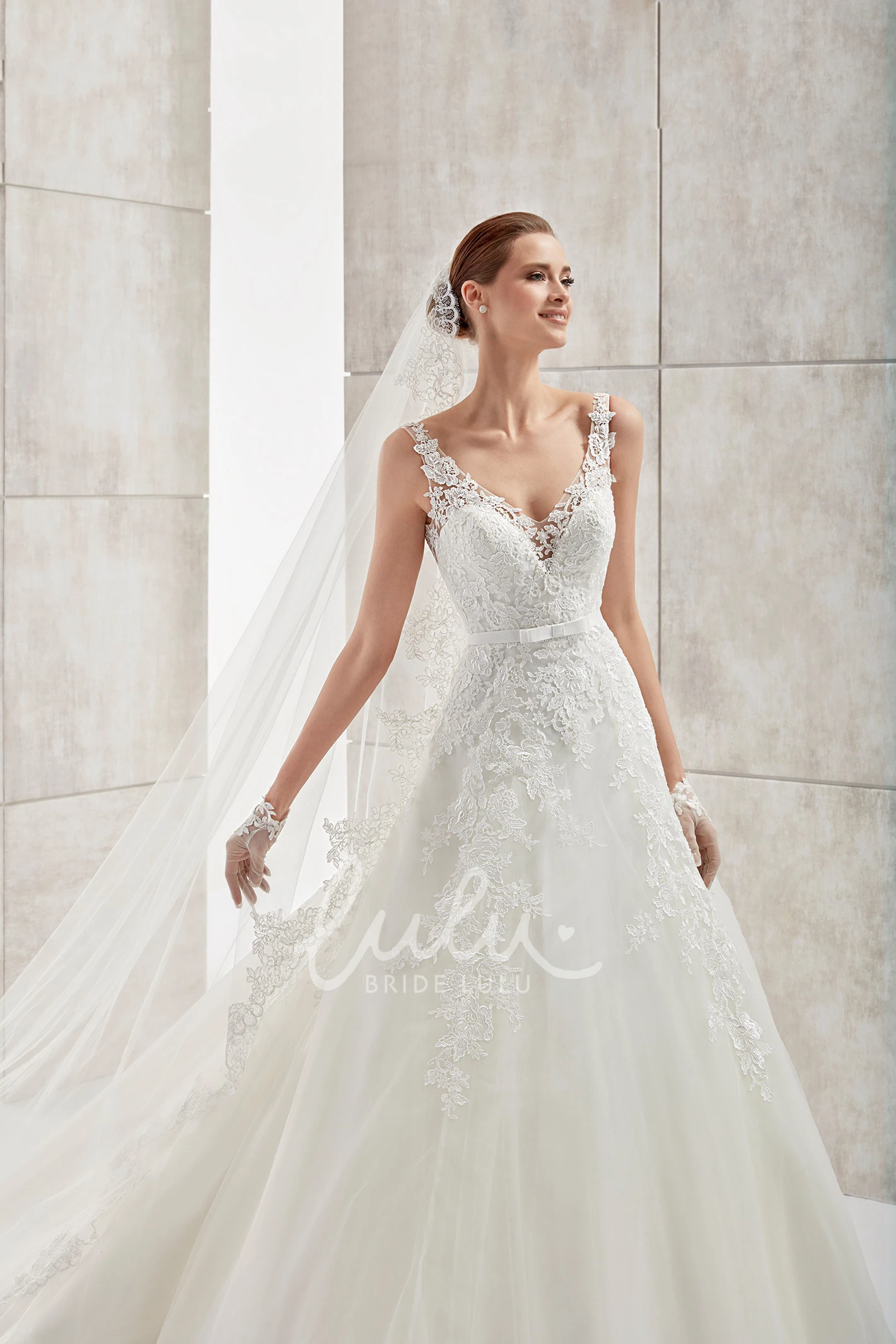 Open Back A-Line Wedding Dress with Lace Appliques and V-Neck