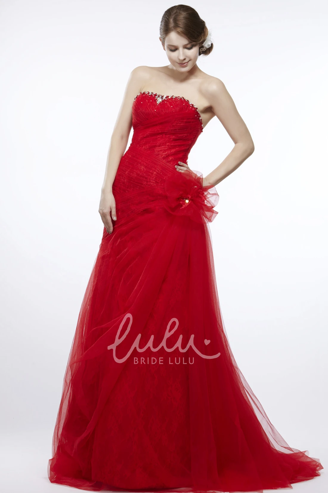 Beaded A-Line Strapless Tulle&Lace Prom Dress with Ruffles and Flower Classy Prom Dress