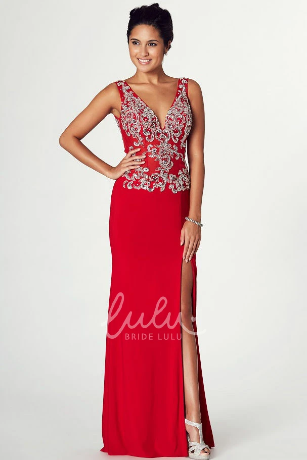 Sleeveless V-Neck Maxi Jersey Prom Dress with Appliques and Split Front Classy Prom Dress for Women