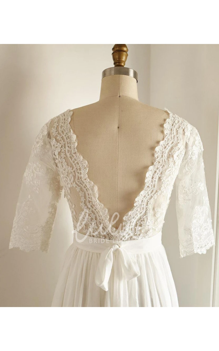 Backless Chiffon Lace Satin Weddig Dress With Low-V Back