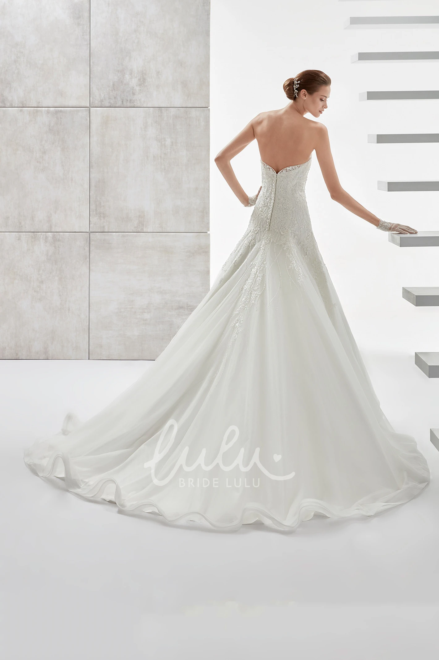 Lace Bodice A-line Wedding Dress with Asymmetrical Ruffles Elegant Wedding Dress