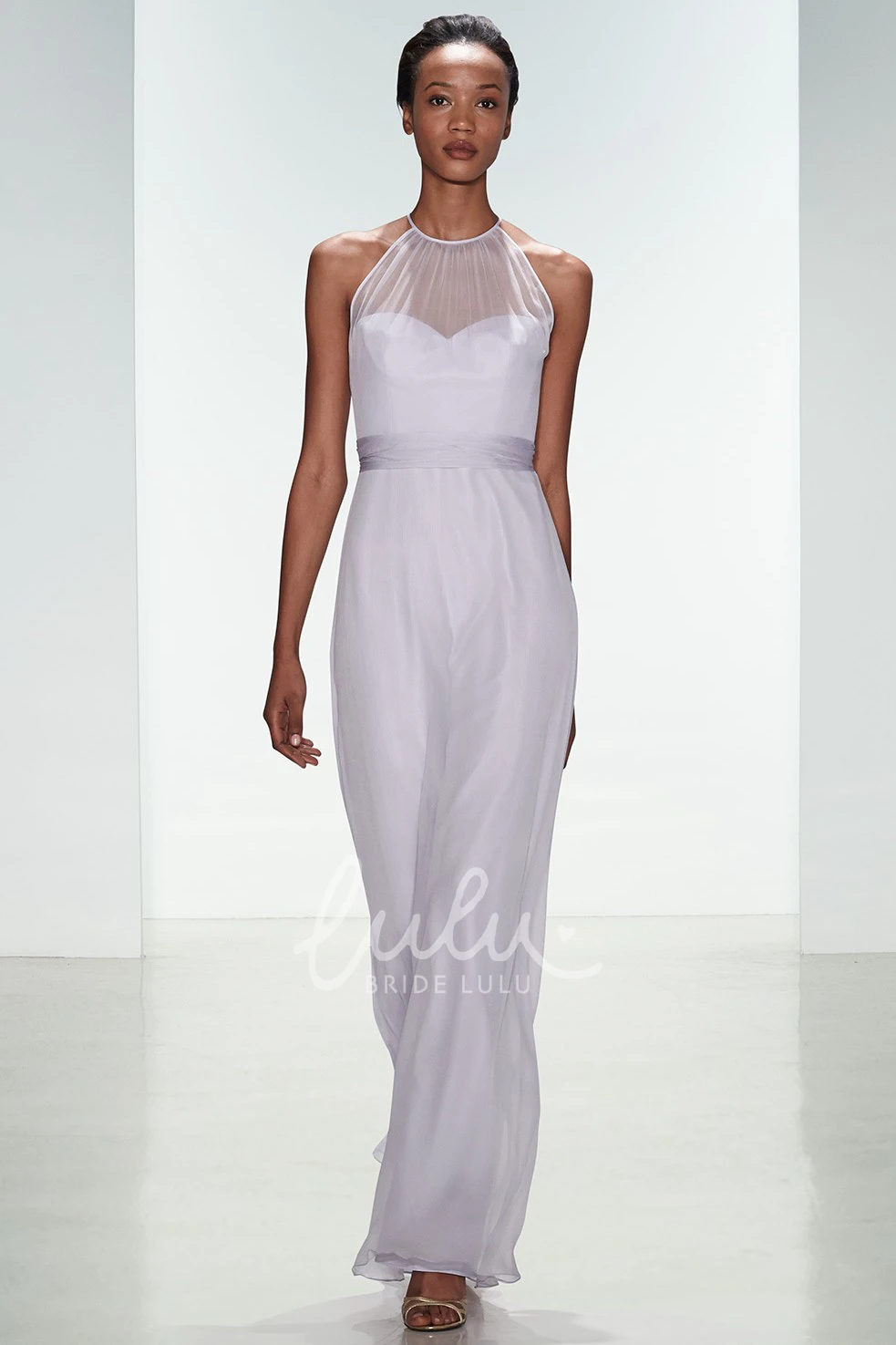 Satin Chiffon Bridesmaid Dress with High Neck and Ribbon Sheath Ankle-Length