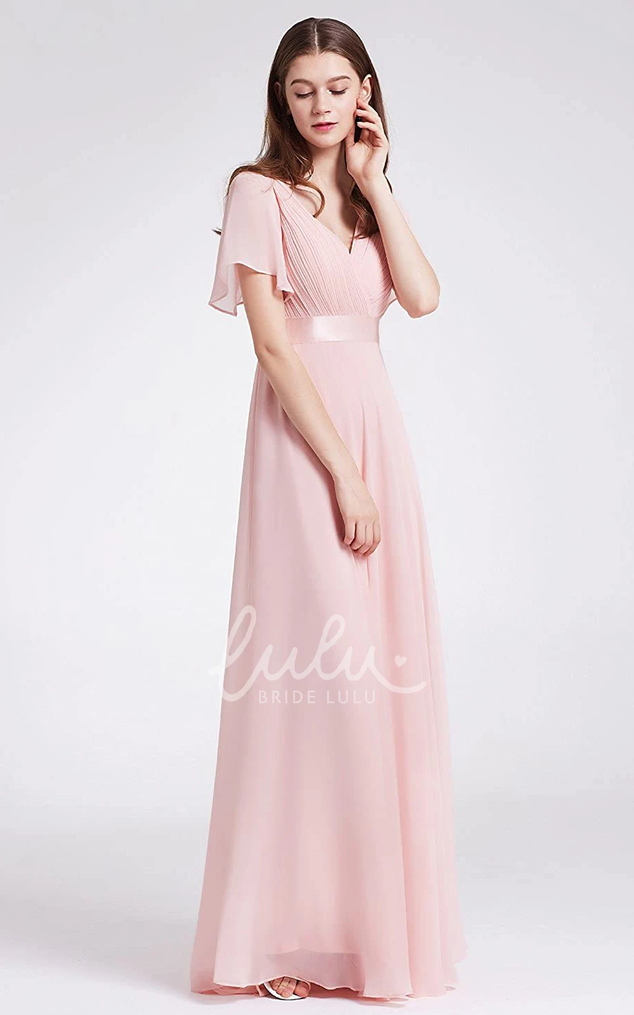 Romantic Chiffon V-neck A-line Prom Evening Dress with Ruffles and Short Sleeves Bridesmaid Dress