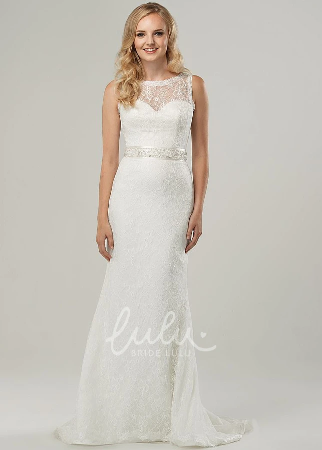 Long Lace Wedding Dress with Jeweled Scoop Neckline and Illusion Elegant Wedding Dress