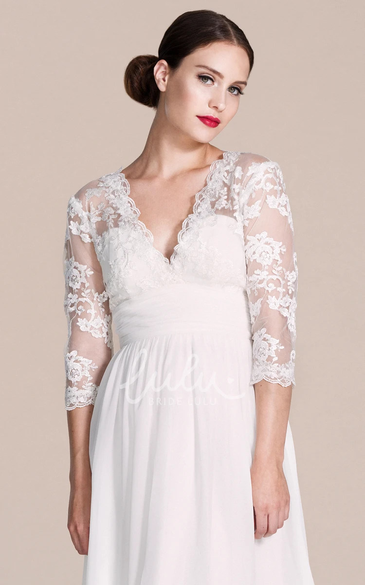 Lace Chiffon Knee-length Wedding Dress with V-neck and 3/4 Sleeves