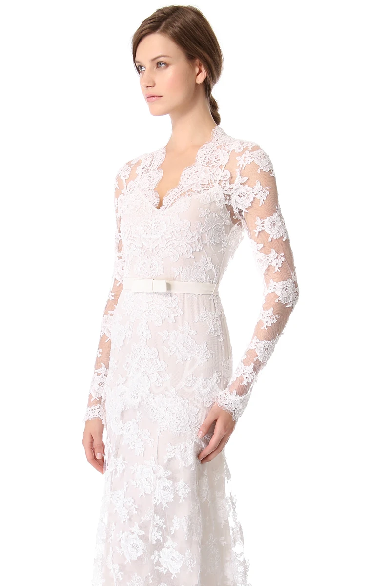 Vintage Inspired Lace Column Wedding Dress with Long Sleeves