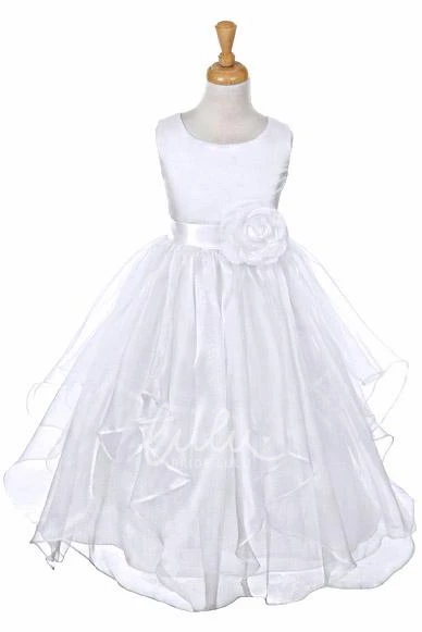 Ankle-Length Organza and Satin Flower Girl Dress with Tiered Skirt
