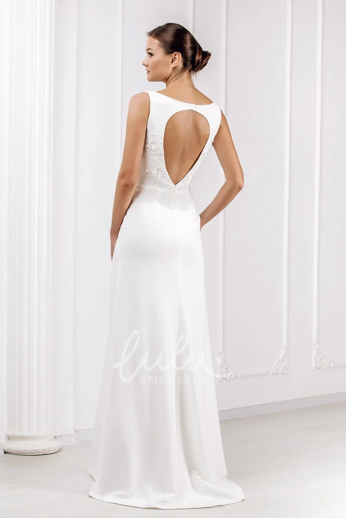 Satin Sleeveless Wedding Dress with Keyhole Back and Sweep Train Classic Wedding Dress