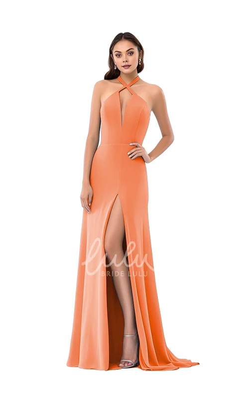 Modern Plunging Neck Satin Bridesmaid Dress Sheath Split Front Classy