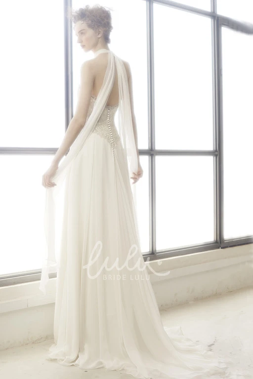 High Neck Lace Chiffon Wedding Dress with Backless Style Classy Wedding Dress