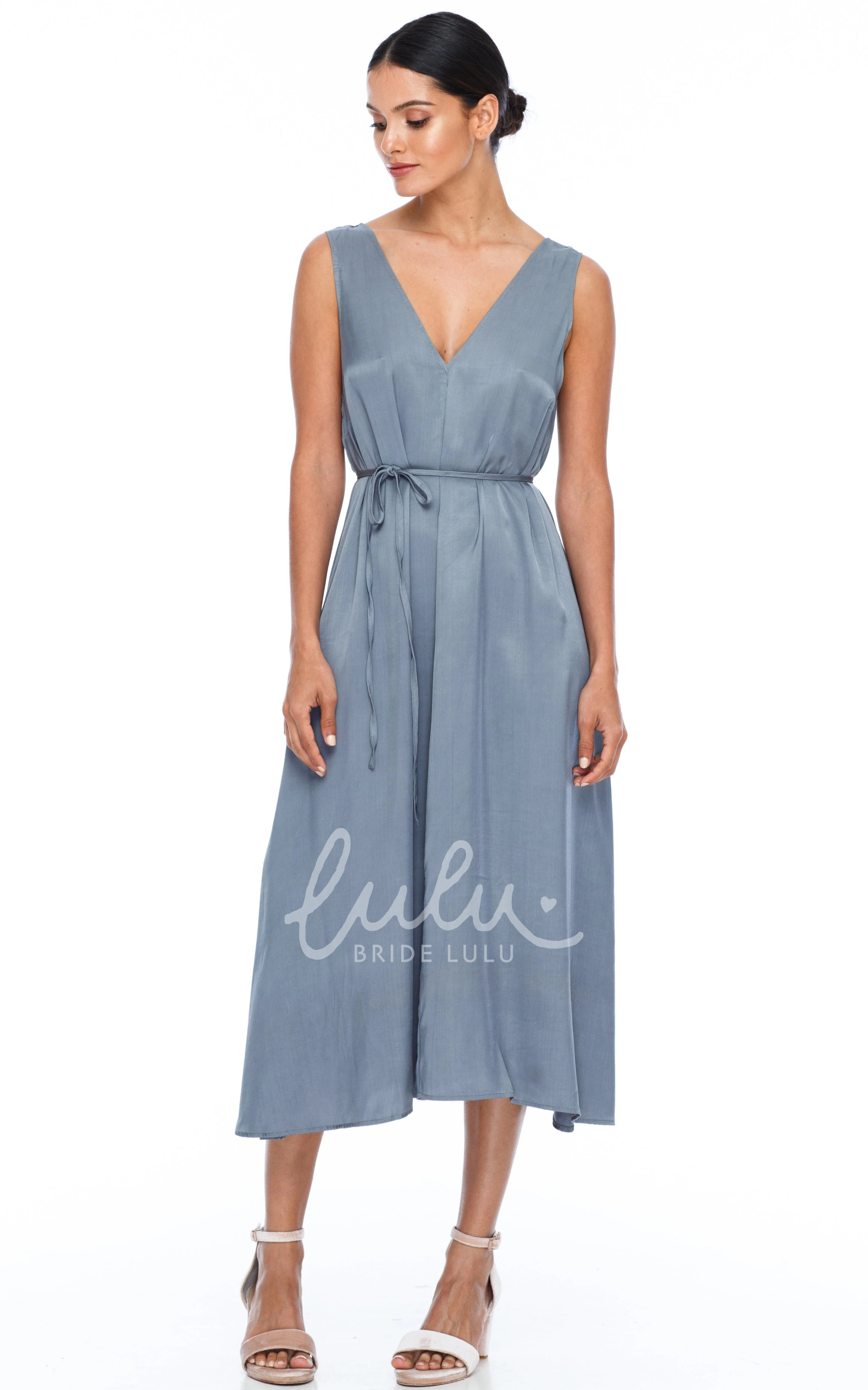 Charmeuse V-neck Bridesmaid Dress with Low-V Back and Sash Casual Bridesmaid Dress