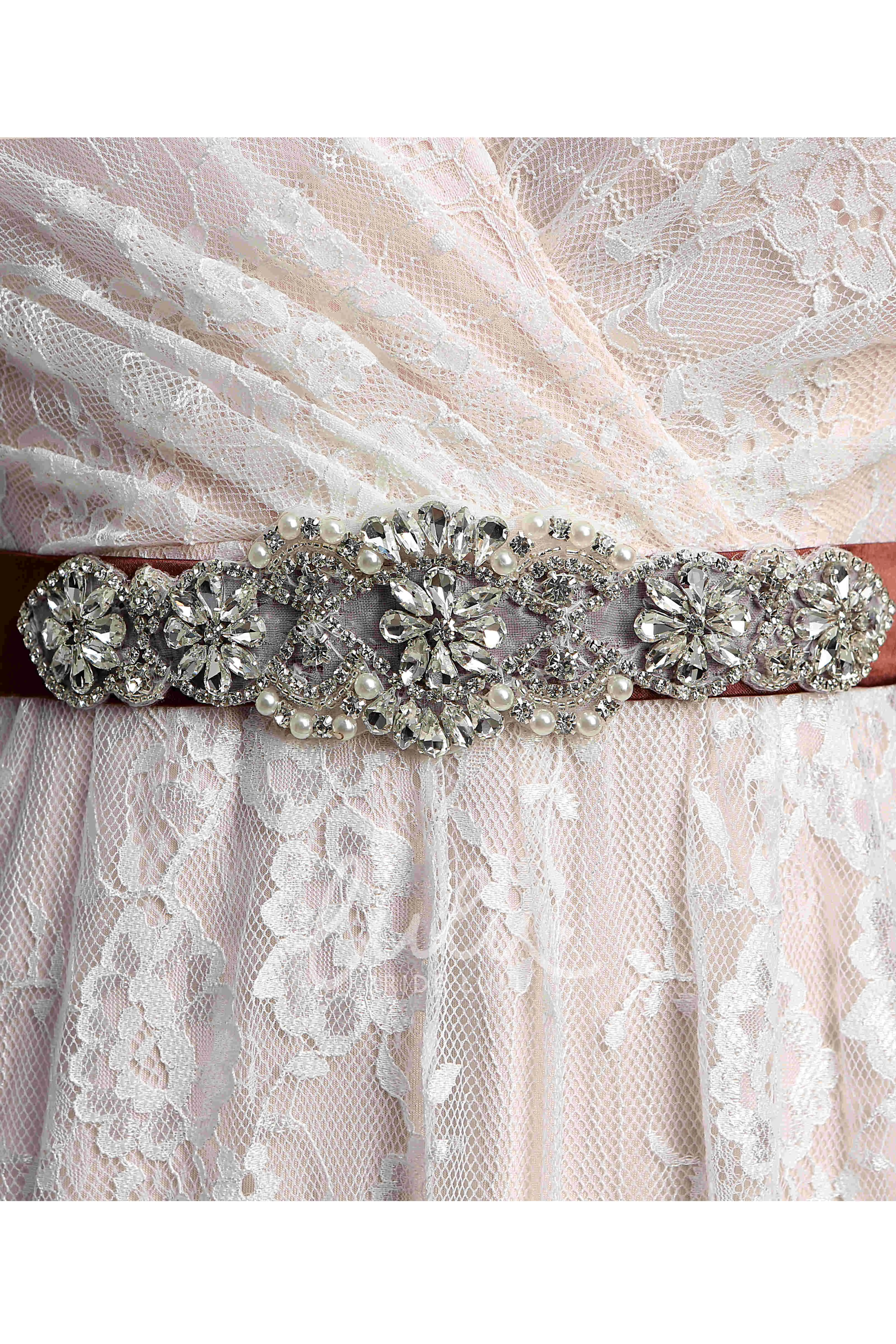 Lace A-Line Beach Wedding Dress with Sash Ribbon and Beading