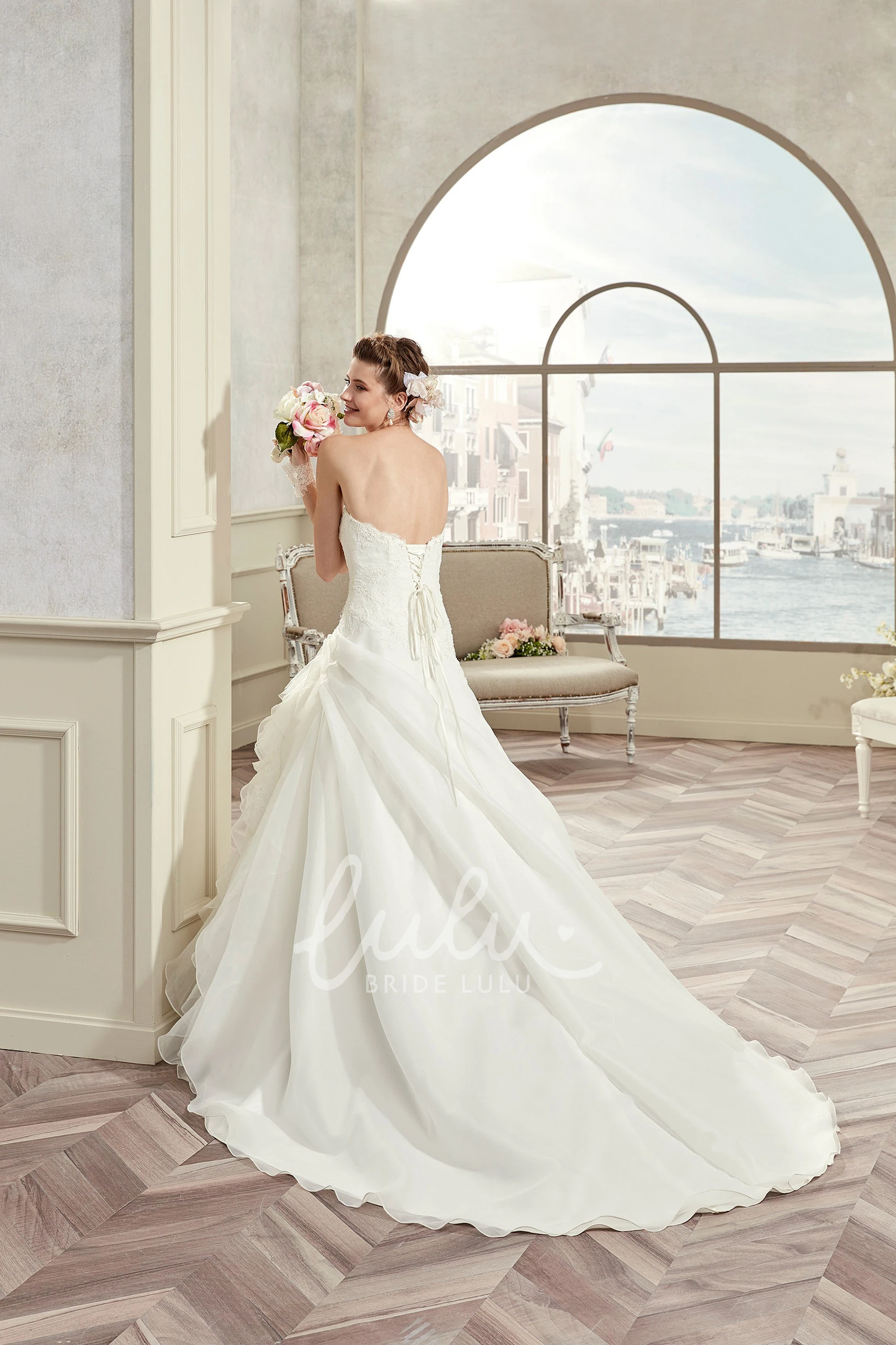 A-Line Lace Ruching Wedding Dress with Beaded Details Flowy and Chic