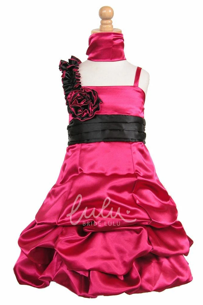 Floral Satin Cape Midi Flower Girl Dress with Ruched Detail