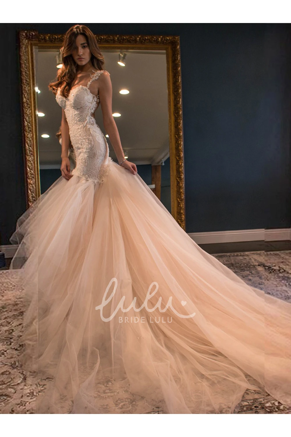Open Back Mermaid Lace Tulle Wedding Dress