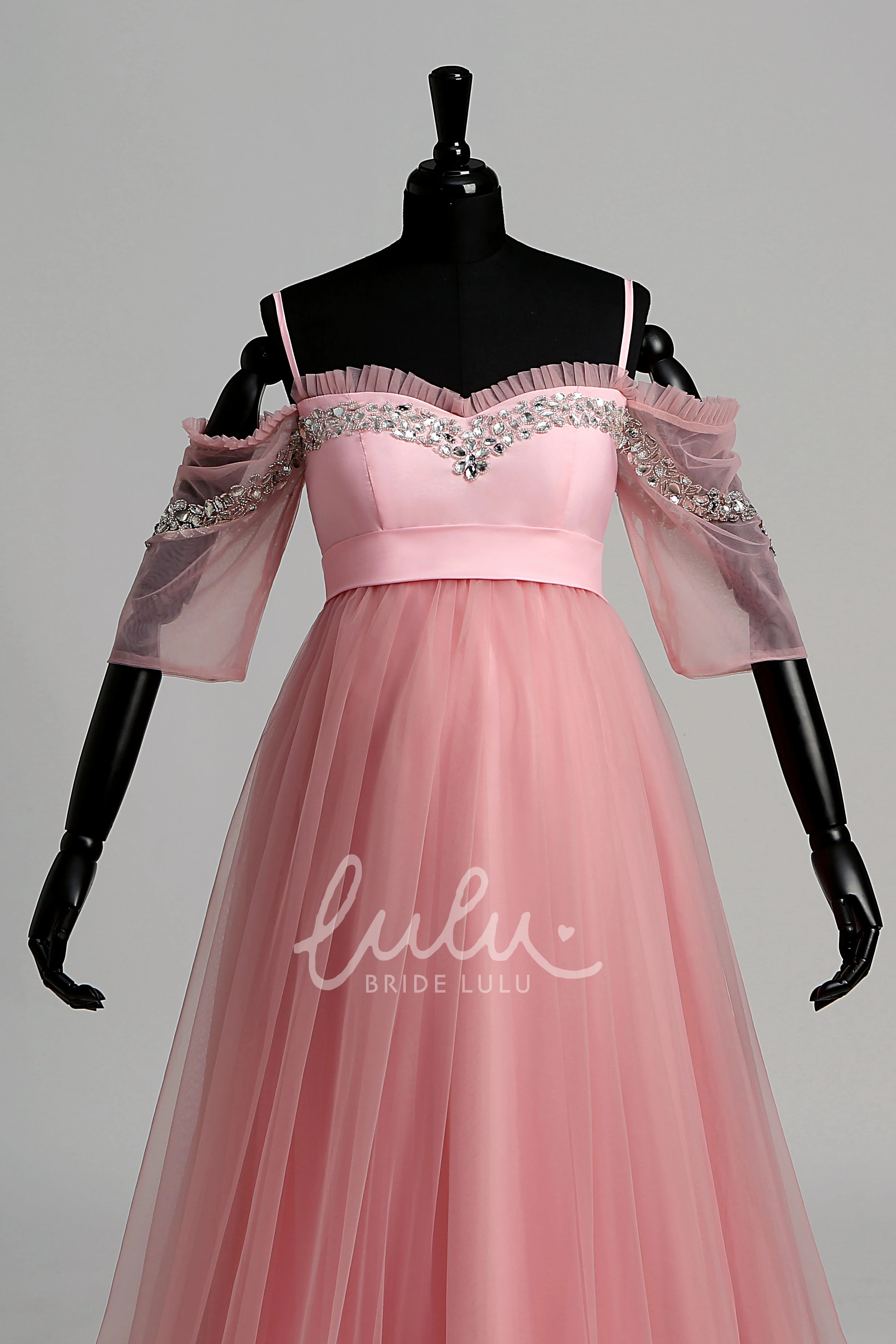A-Line Maternity Dress with Tulle Fabric Sweep Brush Train Beading and Ruffles