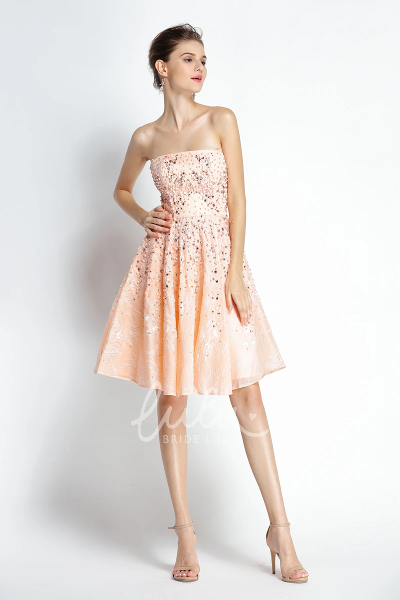 Lace Prom Dress with Beading A-Line Strapless Sleeveless Knee-length
