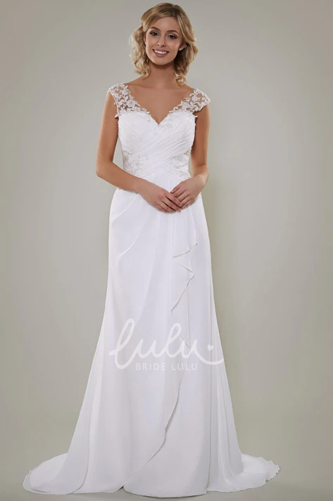 Lace Chiffon Sheath Wedding Dress with V-Neck and Draping