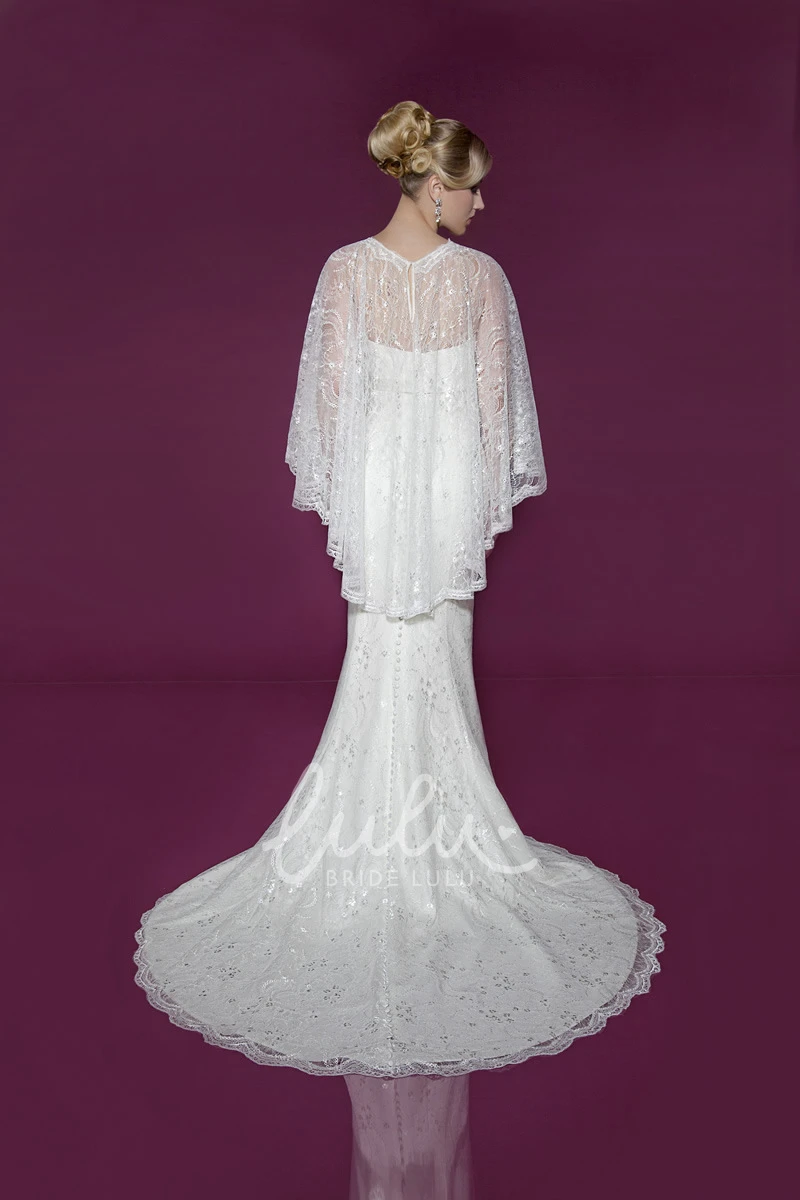 Satin Wedding Dress with Cape Poet-Sleeve and Scoop Neck Design