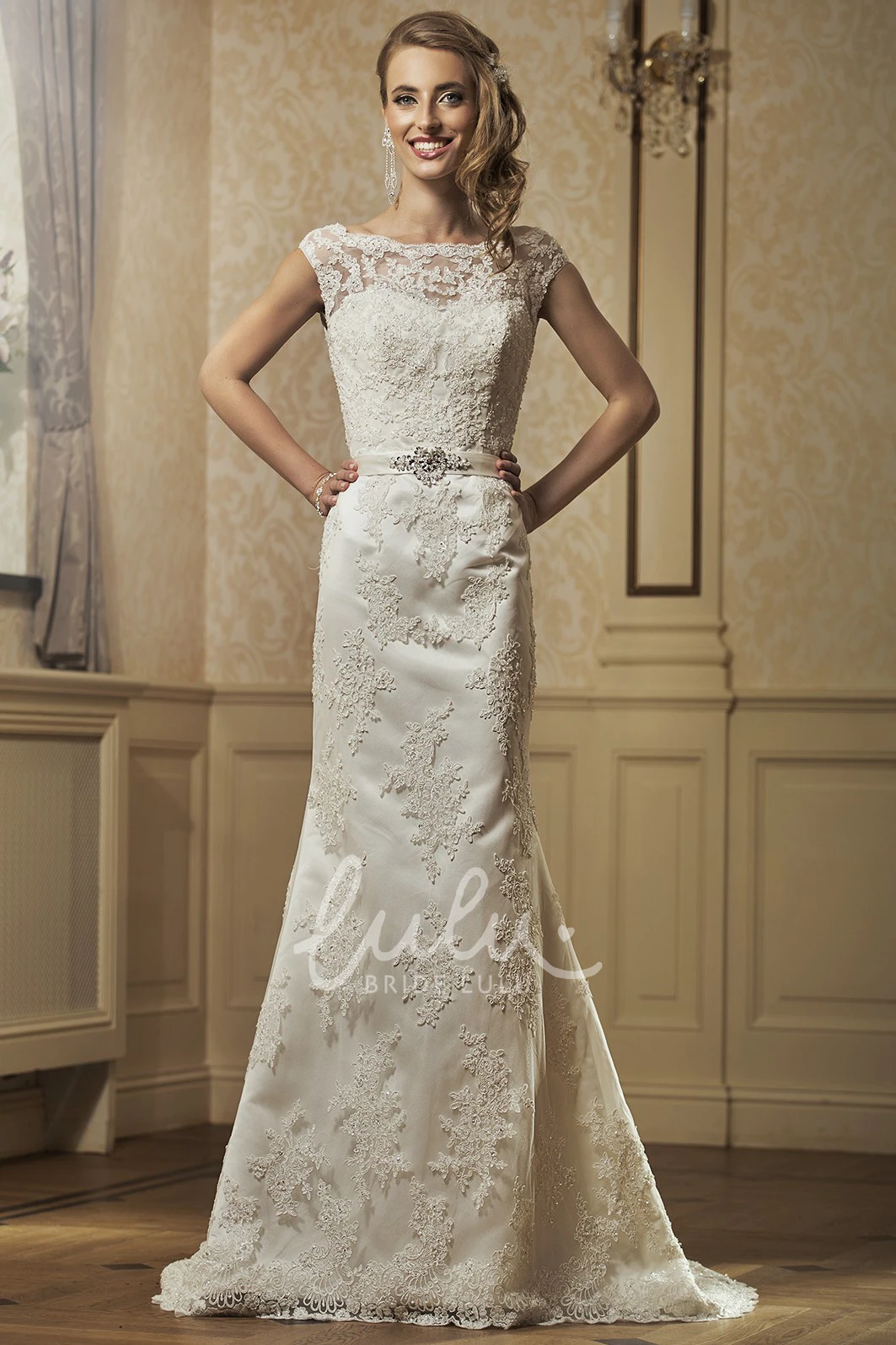 Lace Appliqued Cap-Sleeve Sheath Wedding Dress with Waist Jewelry and Bow Elegant Wedding Dress