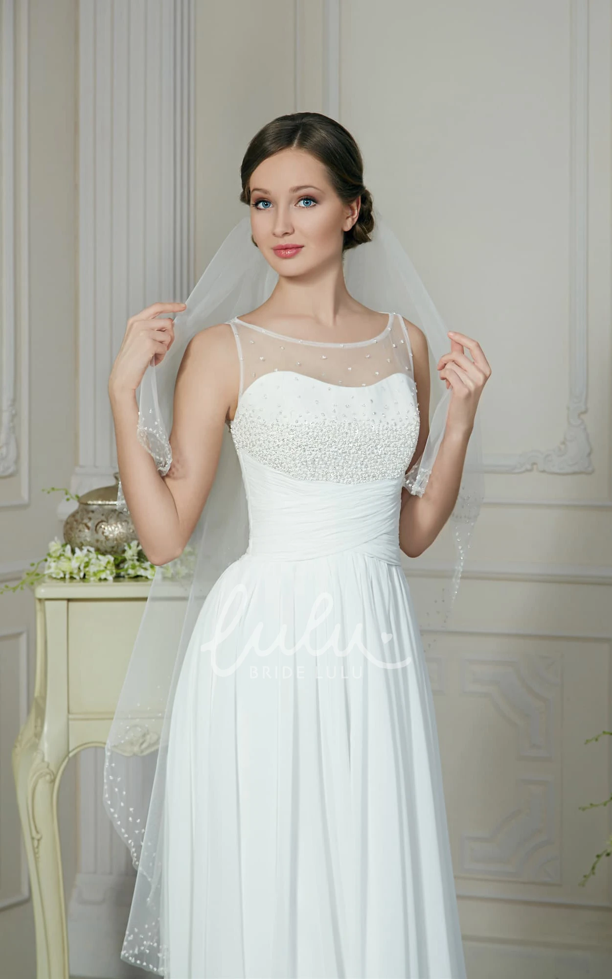 Chiffon Maxi A-Line Bridesmaid Dress with Lace-Up Back and Pleatings