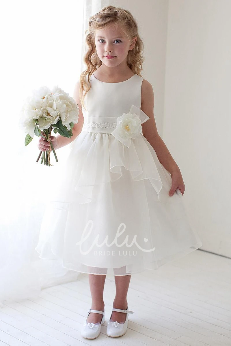 Floral Tea-Length Organza Flower Girl Dress with Bows and Tiers