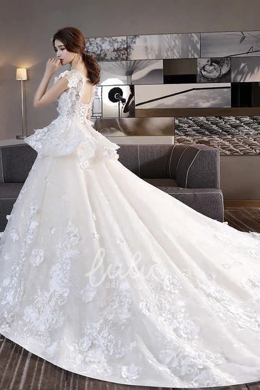 Princess Cap Sleeve Lace Wedding Dress with 3D Floral Appliques and Peplum Skirt