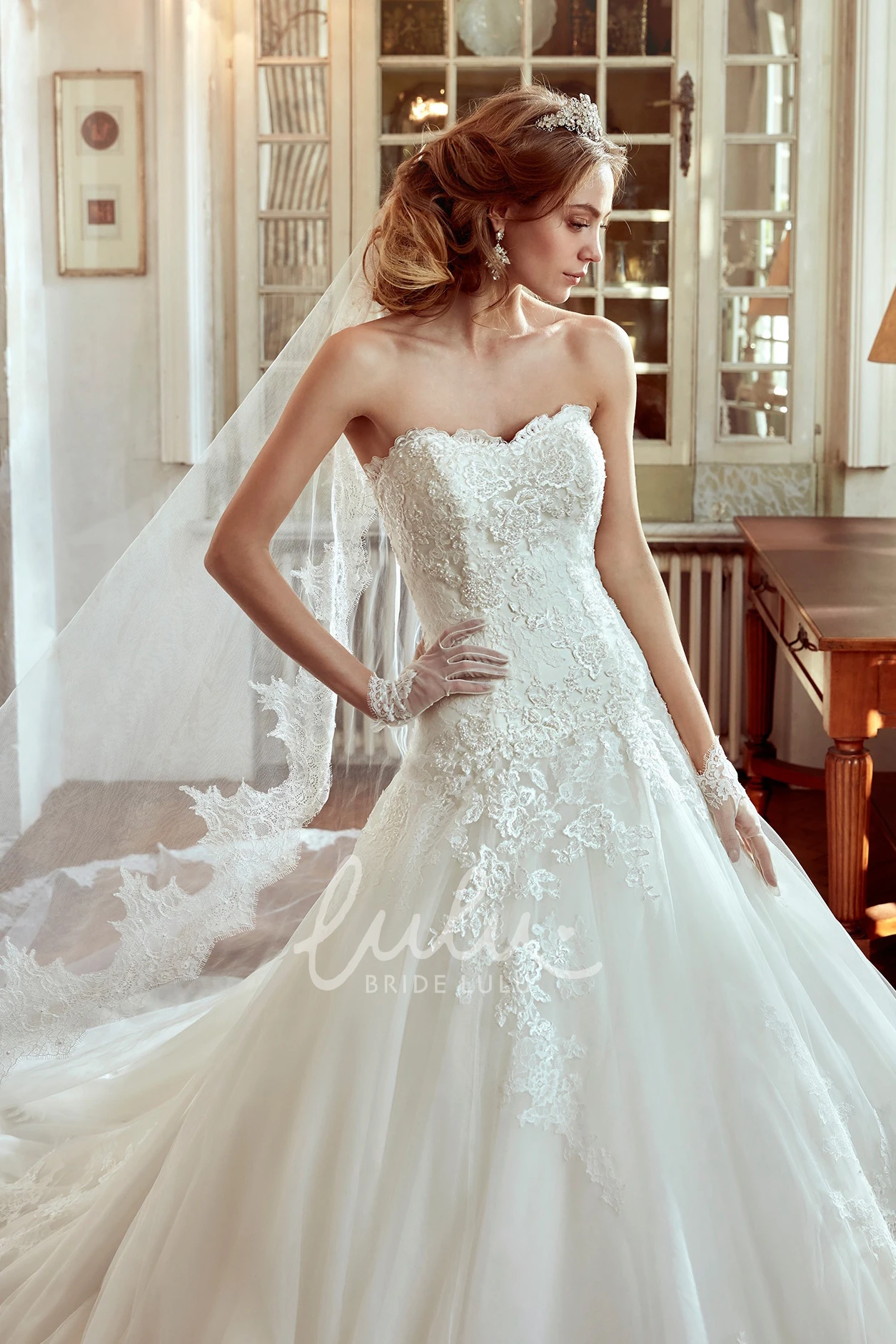 A-line Wedding Dress with Brush Train and Appliqued Bodice Sweetheart Classic