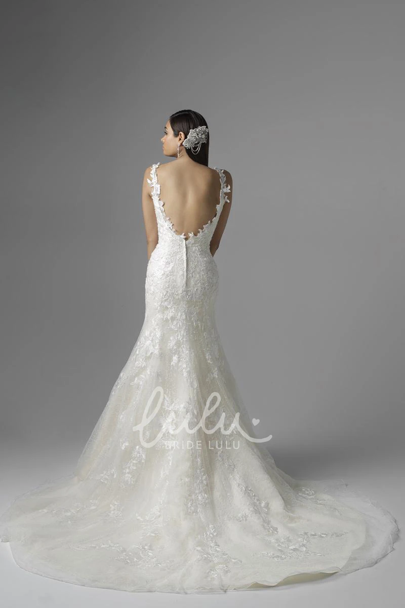 V-Neck Lace Trumpet Wedding Dress with Court Train Sleeveless and Deep-V Back