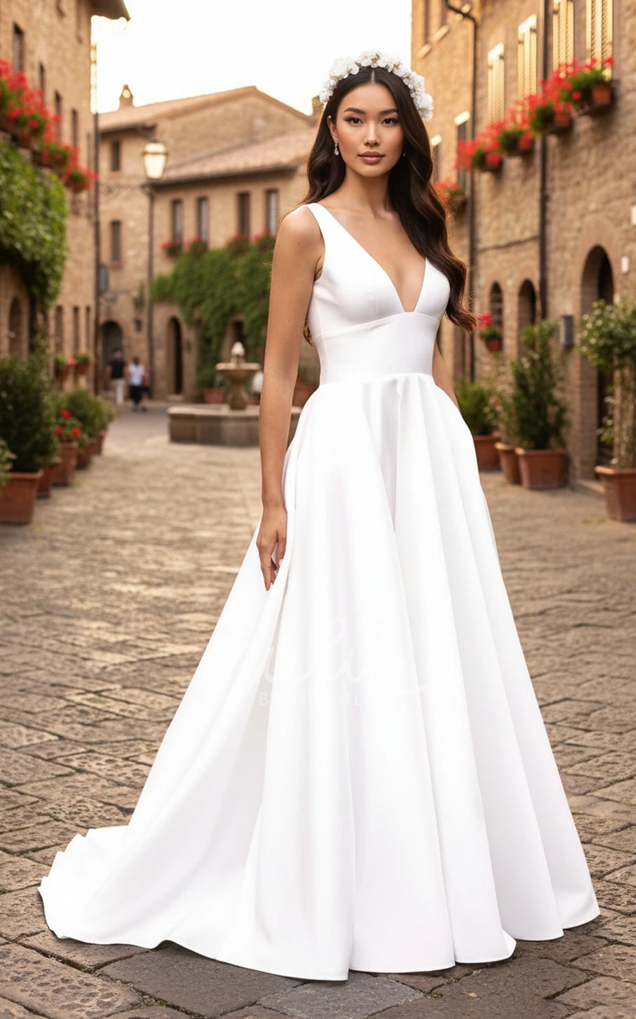 Minimalist A-Line Deep V-Neck Wedding Dress Sleeveless Informal Satin Bridal Gown